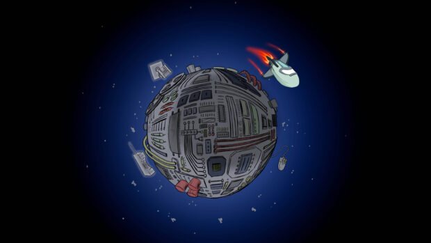 A cartoon of a spaceship orbiting a planet: "Legacy World"