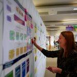 A picture of Georgie Baker putting a post it note on a poster of the bigger picture.