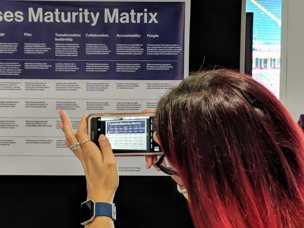 Someone taking a picture of the 7 Lenses Maturity Matrix with their phone