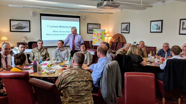 A workshop at the Ministry of Defence, people in smart attire, military fatigues, and more casual clothes sitting round two tables. In the background, a slide with the questions "where are we today?" and "where should we be in 12 months?" is showing.